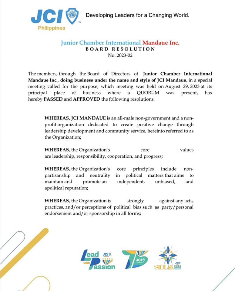 JCI Mandaue Board Resolution No. 2023-02